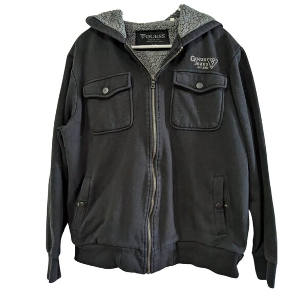 Guess Men's Jacket Black with Gray Fleece Lining, Size Large, Zip Up Hoodie - Picture 1 of 14